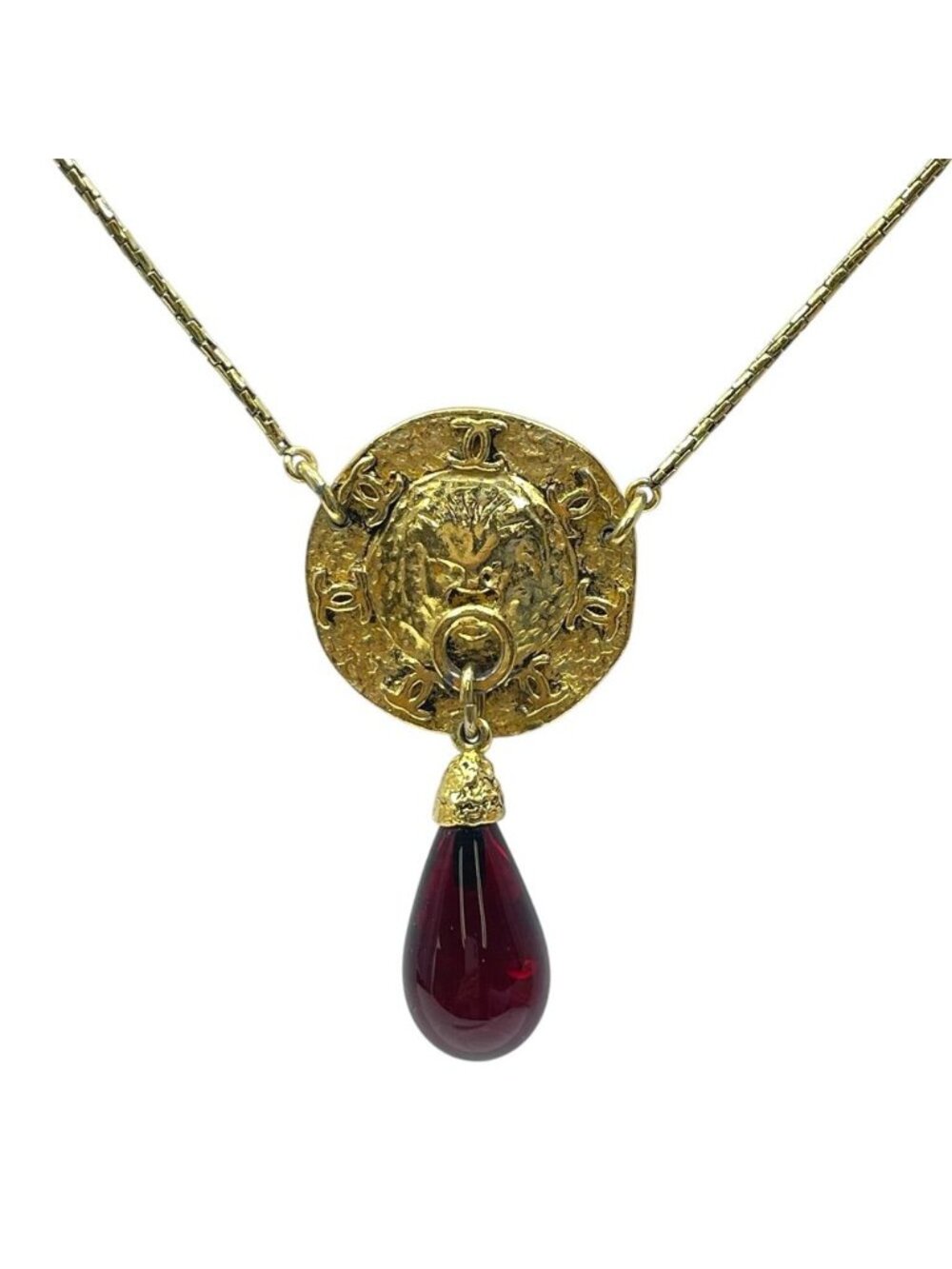 Chanel Gripoix Necklace Lion CC Logo Teardrop Pose Vintage Metal Gold Red